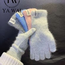 ins糖果色长款兔毛手套冬季女韩版针织纯色加厚保暖防寒骑行五指