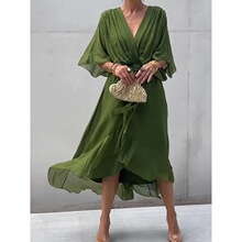 2025新款欧美女装跨境亚马逊纯色系带长裙蝙蝠袖不规则连衣裙大码