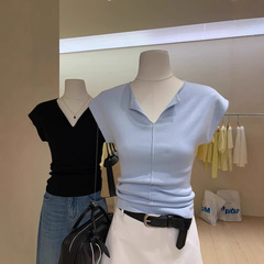 ハーフオープンカラーアイスシルクニット半袖Tシャツレディース夏小ウエスト痩身小フライングスリーブVネックショートショルダートップ