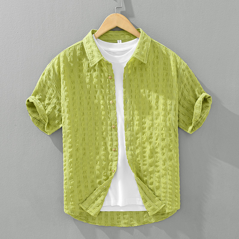 1260 seersucker short-sleeved shirt men's summer thin cool shirt casual check texture large size shirt trendy
