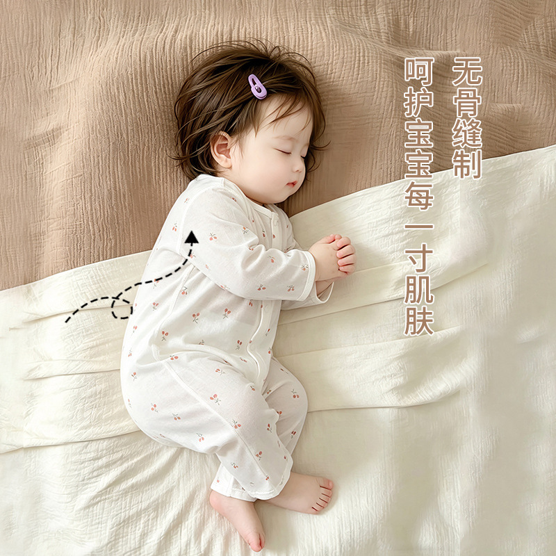 Baby jumpsuit for spring and summer, thin pure cotton long-sleeve infant pajamas, newborn and small-month-old baby air-conditioning clothing