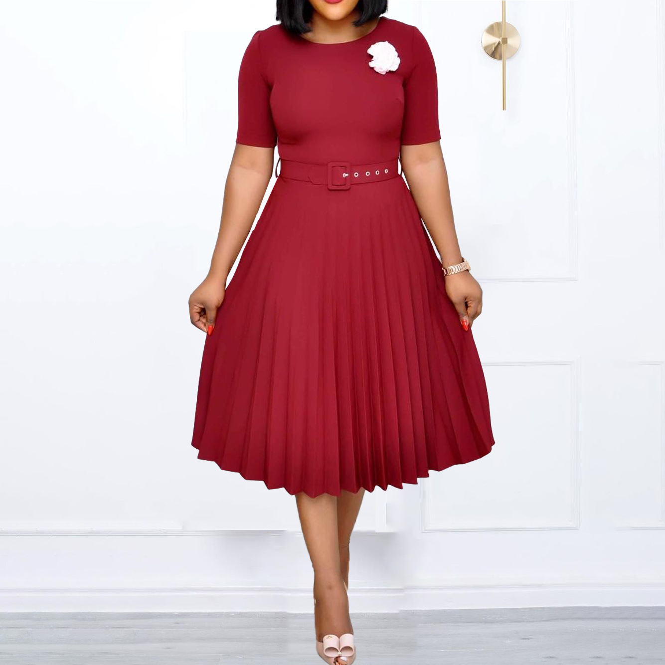Ropa de mujer europea y americana con cinturón nuevo verano Amazon cuello redondo falda plisada de longitud media más tamaño vestido transfronterizo africano image 5
