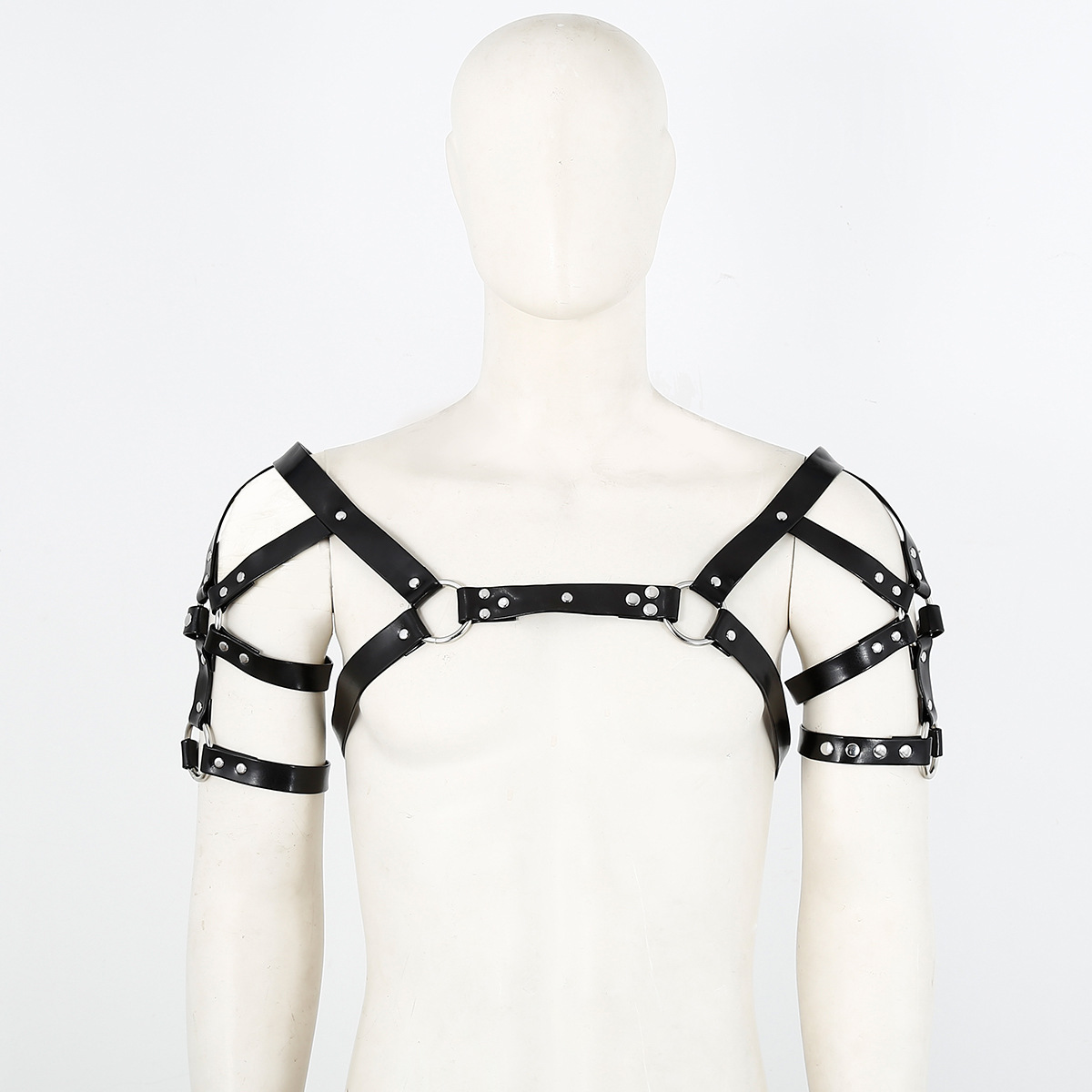 Top de cuero estilo SM para fetiche, atuendo punk de alto rendimiento con correas de cuero, tachuelas, remaches, arnés artesanal con correas para el pecho y correas cruzadas en la espalda. image 1