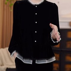 一件代发2025秋季新款时尚拼色洋气百搭减龄丝绒长袖女装上衣潮
