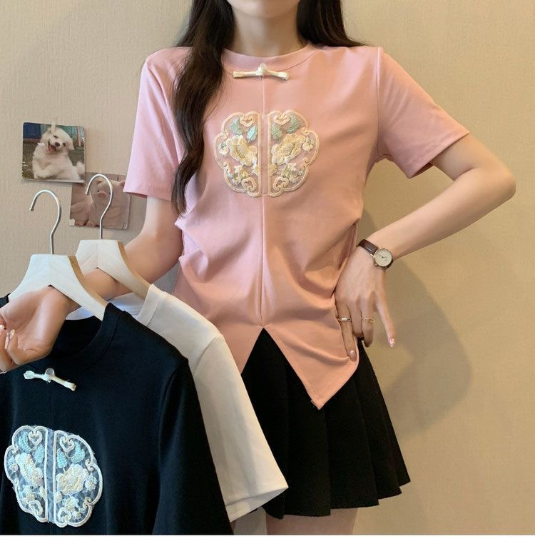 2024 Summer Embroidered Split Short Sleeve Design T-shirt New Chinese style High end Bottom Top_voghion.com