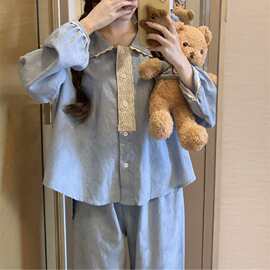 韩国ins甜美花边圆领碎花韩版宽松长袖长裤睡衣套装家居服特价