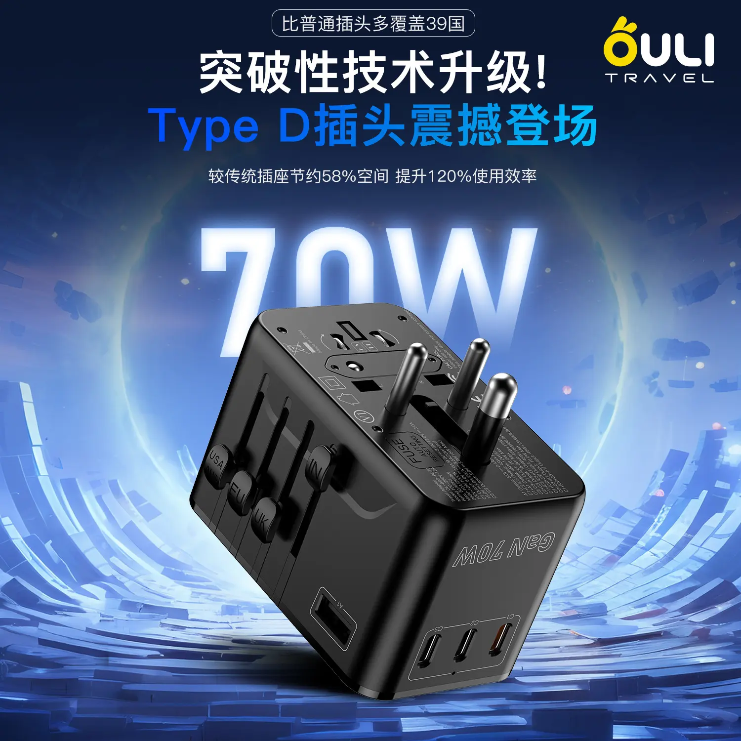 亚马逊多功能PD70W快充氮化镓自恢复全球通旅行转换插头转换插座