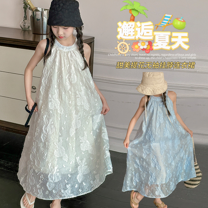 Girls' dress Summer Big Kids Fashionable Western Style Sweet Jacquard Neck Princess Dress Sleeveless Vacation Dress Trendy