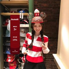 板栗可可Bankelili 拉夫girl 条纹撞色V领宽松显瘦针织衫