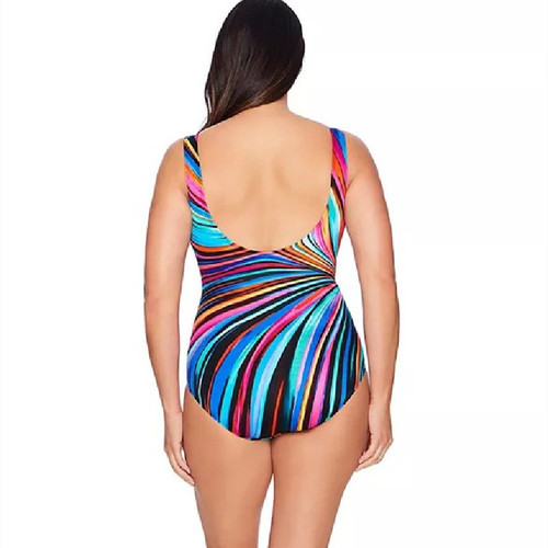 Cross-border new European and American plus-size women's one-piece swimsuit with printed plus rainbow stripes AliExpress swimsuit bikini