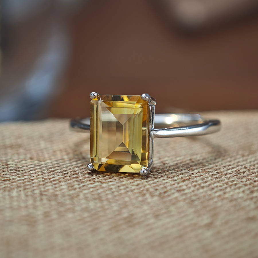 Sugar Cube Natural Citrine Ring Inlaid with S925 Sterling Silver High-End Colored Gemstone Ring