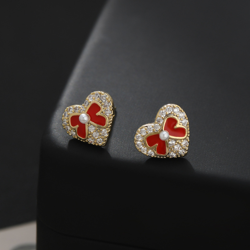 1 Set Simple Style Heart Shape Bow Knot Plating Inlay Copper Zircon Ear Studs display picture 4