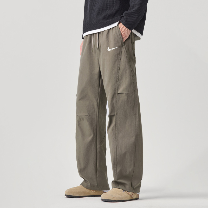 Elastic Waist Slightly Curved Casual Pants for Men, Autumn and Winter Fleece-Lined Thickened Warm Trendy Straight Loose Versatile Work Pants