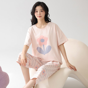 Pajamas Women's Summer Pure Cotton Short-sleeved Cropped Pants Thin Suit Casual Sweet Style Women's Home Clothes Casual Outwear