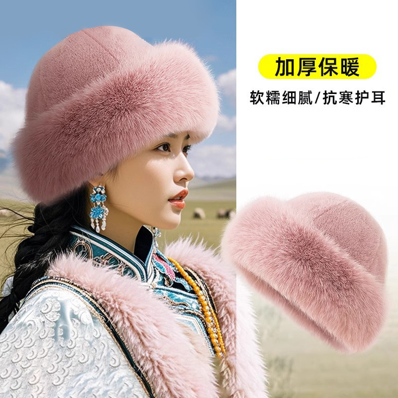 貂防仿皮大头围圆顶头套假毛盆帽加厚无高级感贝雷帽东北帽水貂毛