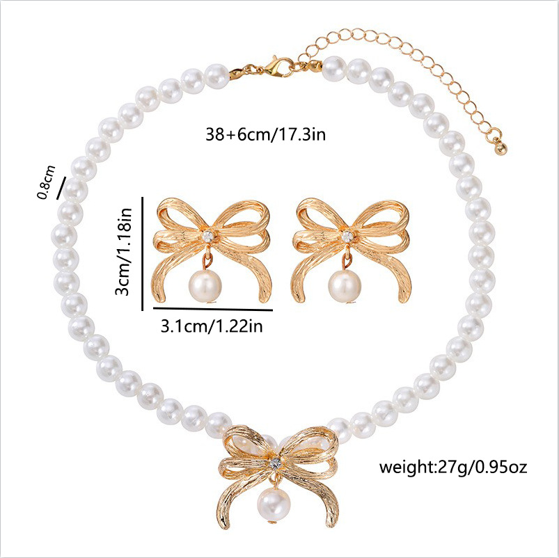 Joyas transfronterizas europeas y americanas moda imitación de perlas collar conjunto de aleación de estilo de lujo ligero lazo cadena de clavícula image 5