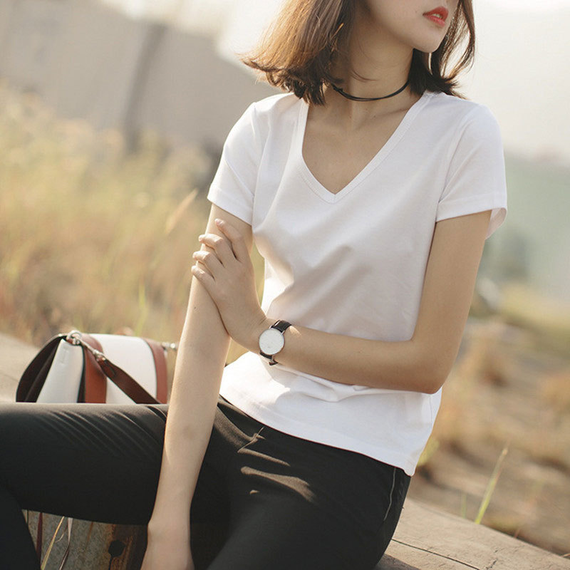 Áo thun nữ ngắn tay cổ chữ V cơ bản dễ phối tôn dáng kiểu mới mùa xuân hè — Trắng (Cổ tròn) chi tiết 6