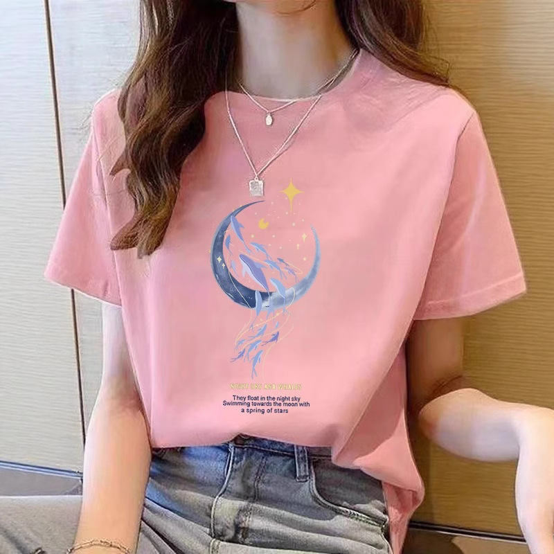 宽松纯棉短袖t恤女士夏装新款漂亮上衣设计感印花半袖女圆领夏季|undefined