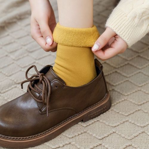 Women's Snow Ground Socks, Vertical Tags, Winter Thick Fleece Socks for Girls, Plain Color Mid-Calf Length Socks, Exclusive for Cross-Border E-commerce