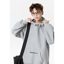 白灰色高领刺绣连帽卫衣男秋季运动复古boxy版型拼接立领情侣外套