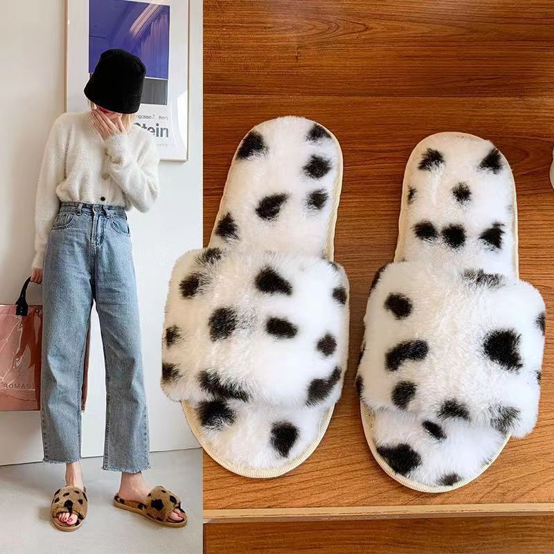 Slippers for Women New Plush Leopard Print Furry Four-Season Non-Slip Silent Indoor and Outdoor Wear One-Word Women's Home Cotton Slippers