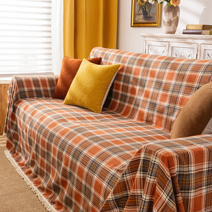 Autumn Plaid Sofa Towel American Style Vintage Holiday Orange Plaid Non-Slip Full Cover Tassel Sofa Cover Cover Cloth Towel