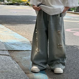 Boys' Autumn Korean Style Jeans 2025 New Spring and Autumn Children's Simple Trendy Washed Loose Wide Distressed Ripped Pants