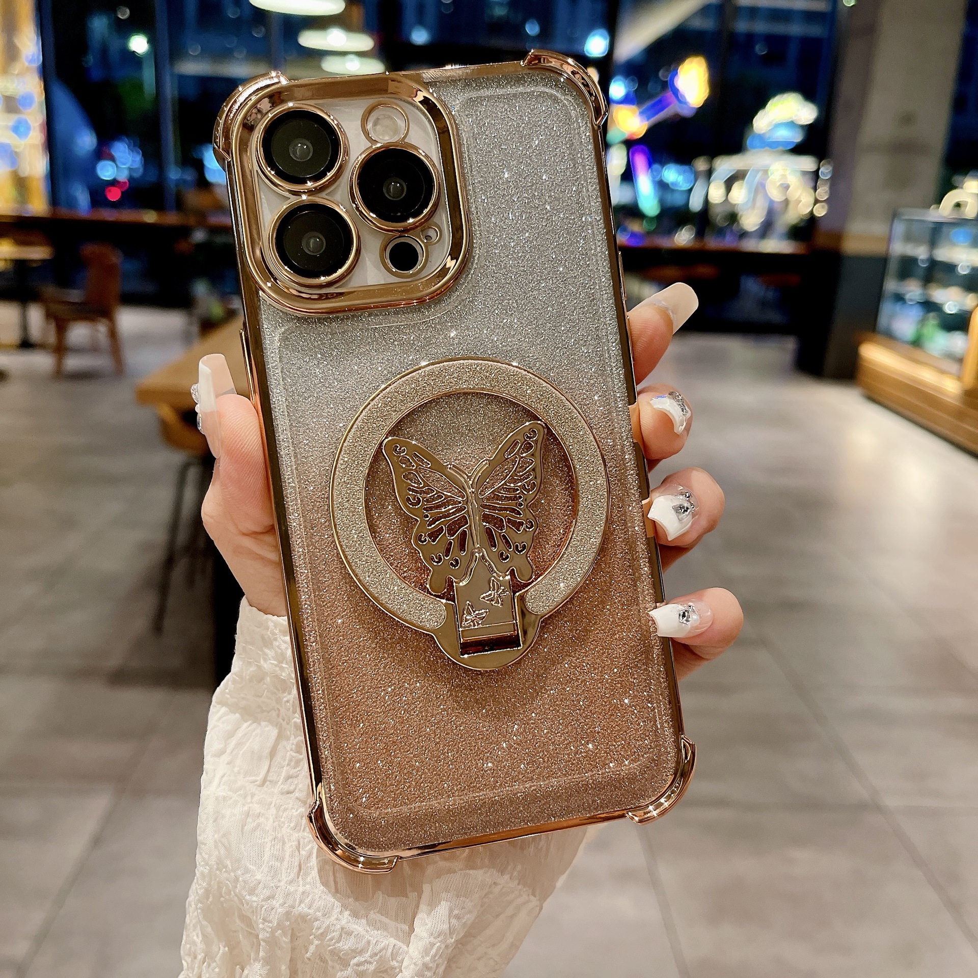 Nueva funda magnética para teléfono con purpurina de mariposa, compatible con iPhone 15, 16 y 17, con soporte y protección anticaídas en las cuatro esquinas, también compatible con iPhone 13.