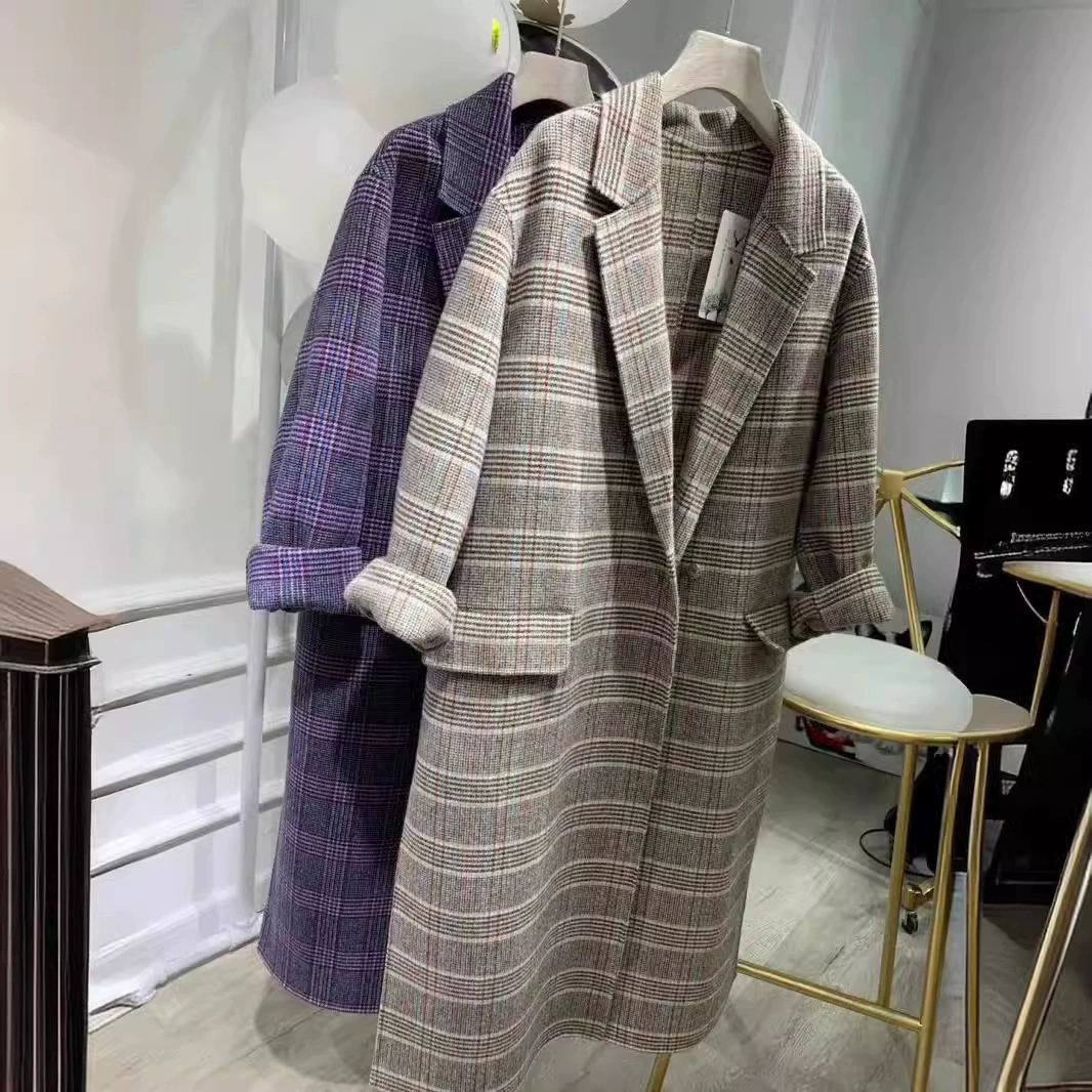 Qingku Dalian, в наличии, клетчатое двухстороннее кашемировое пальто, женское осенне-зимнее свободное двухстороннее шерстяное пальто в Корейском стиле