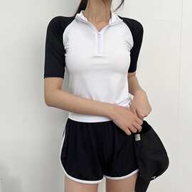 2026新款感撞色拉链立领遮肉显瘦保守平角学生运动休闲泳衣女
