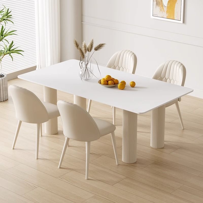 Cream-Style Pure White Slate Dining Table, Light Luxury, Modern French Style, Small Apartment, Large Long Dining Table and Chair Combination, Reliable Wall