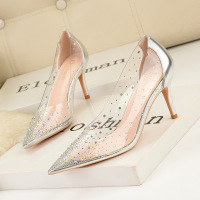 899-36 European and American wind fashion sexy pointed high-heeled shoes high heel with transparent hollow out diamond banquet women's shoes