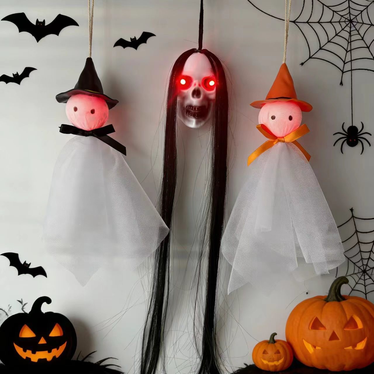 Decoración de Halloween fantasma sombrero de bruja fantasma colgante decoración colgante suministros de fiesta cráneo luminoso pequeño fantasma colgante