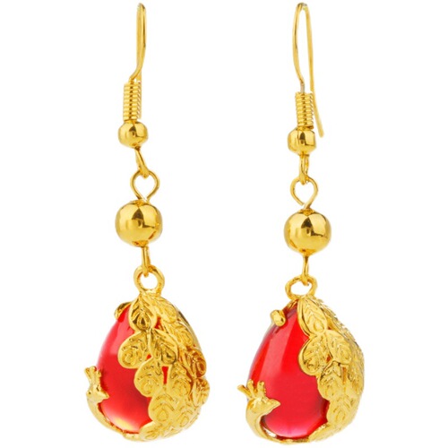 Vietnam Sand Gold Phoenix Gemstone Earrings Ear Hooks Gold Plated Retro Peacock Transfer Beads Long Tassel Temperament Earrings for Women
