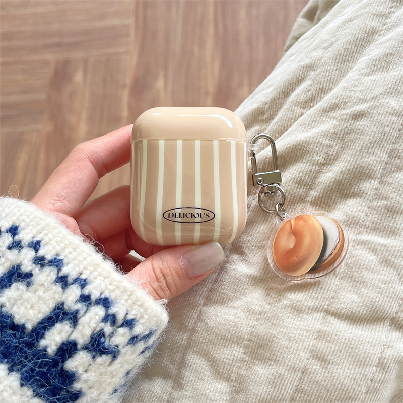 簡約條紋貝果AirpodsPro2耳機殼適用蘋果1/2/3代無線藍牙保護套女
