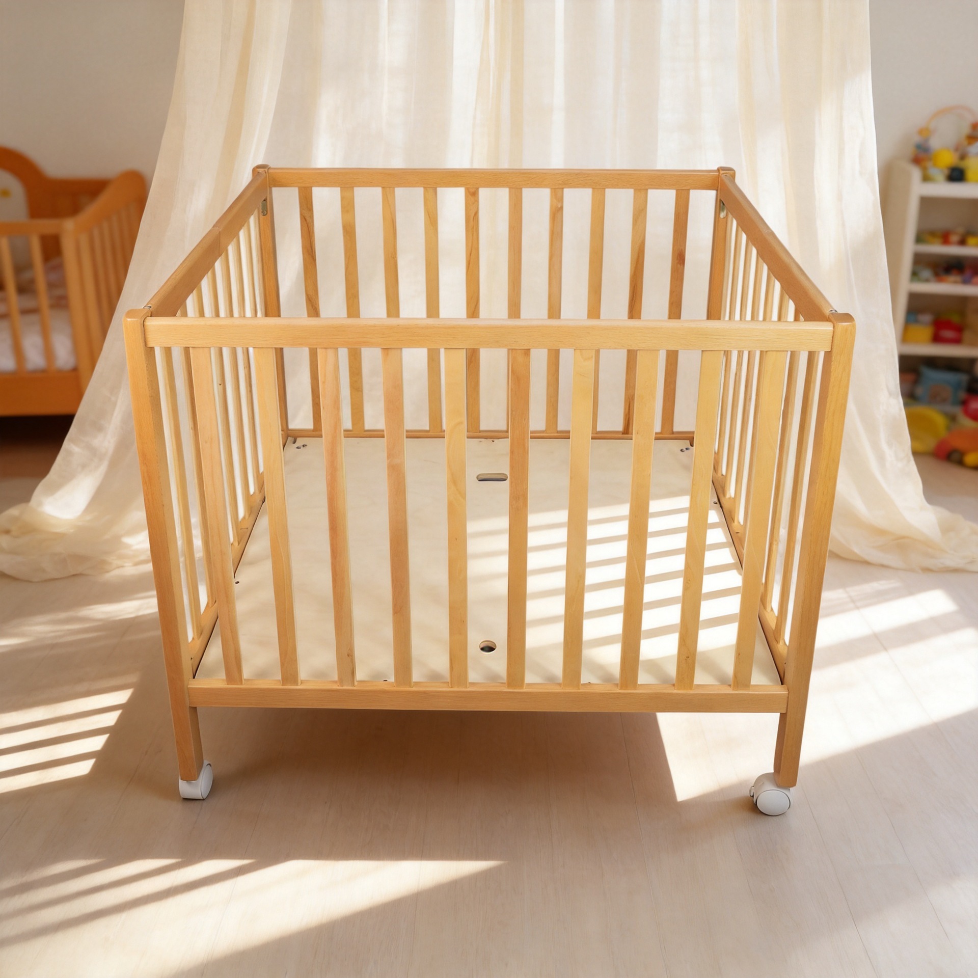 Beechwood foldable baby crib for bedroom, adjustable height, easy to store, wooden baby crib with wheels