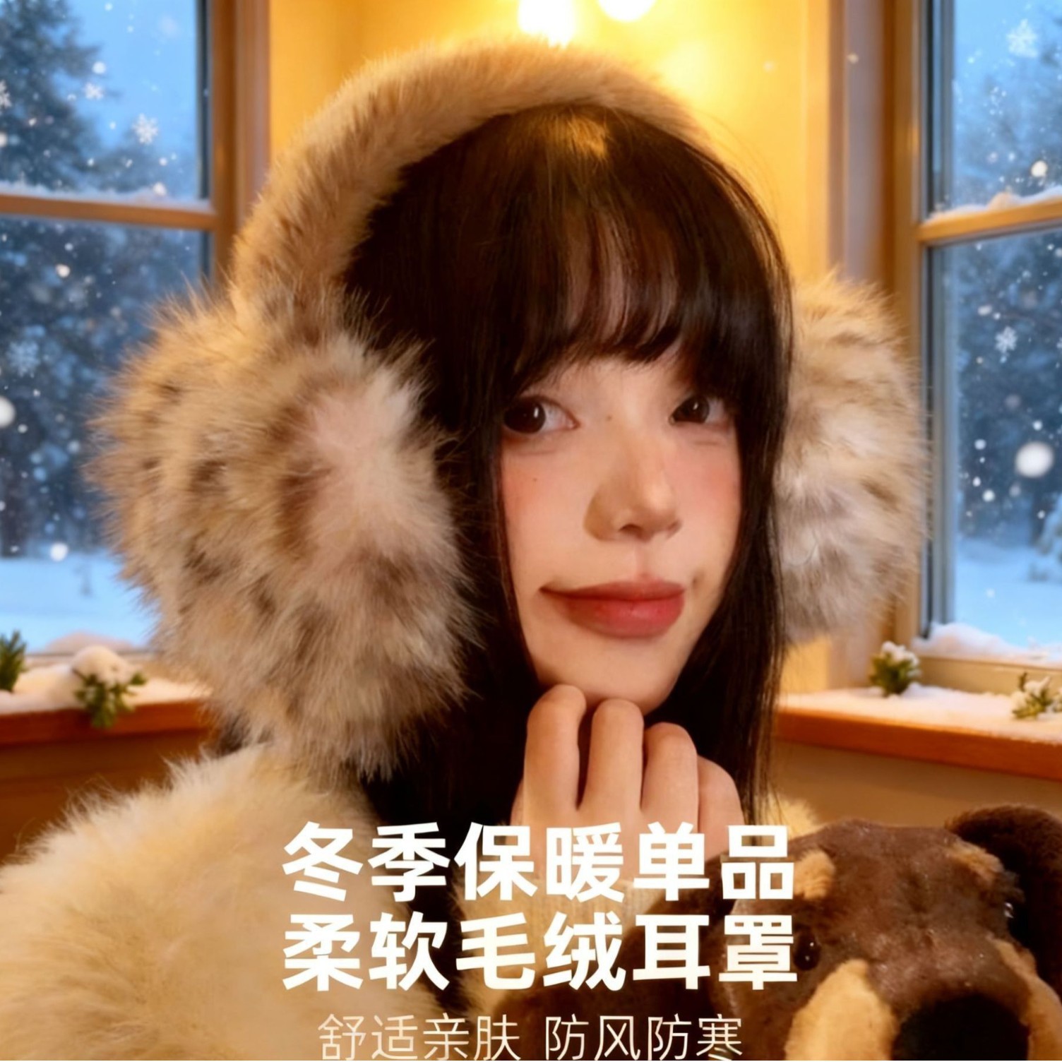 豹纹毛绒耳罩甜酷造型温暖双耳日常穿搭出街约会贴心保暖单品