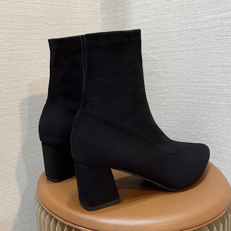 Botas Martin de mujer de tacón alto corto y grueso con punta de gamuza y calcetines puntiagudos para otoño e invierno_voghion.com