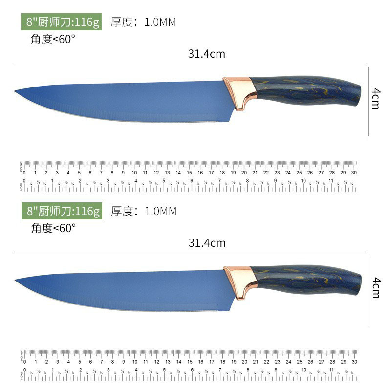 Lugar de fábrica al por mayor color dorado juego de cocina de seis piezas de acero inoxidable caja de regalo de color cuchillo de embalaje cuchillo de juego
