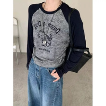 设计感韩版新款字母时尚长袖T恤女2025秋冬新款抽绳褶皱小衫上衣