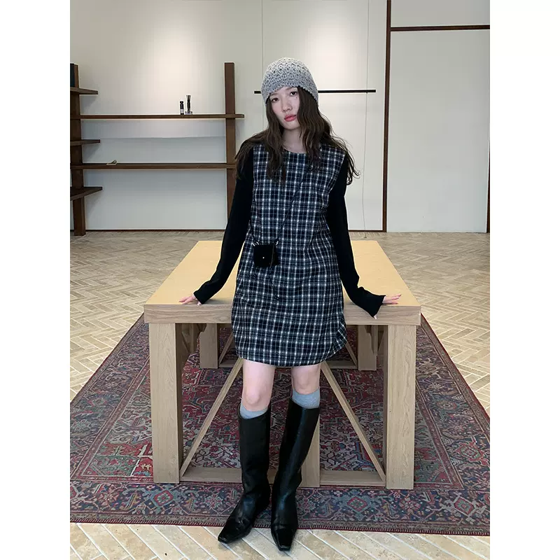 THE MIND格子背心裙2025秋季新款韩版简约中长款显瘦连衣裙T5685
