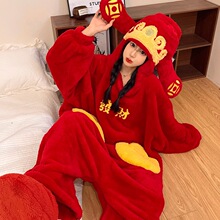 现货小红书财神爷睡衣连体秋冬季加厚珊瑚绒睡袍女卡通搞怪抽象家
