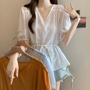 Plus Size Fat mm Summer New Design V Neck Waist Tie Short-Sleeved Chiffon Right Shoulder Top
