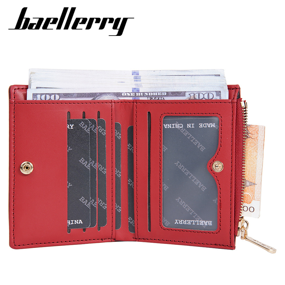Cartera de mujer Baellerry color cálido monedero corto con cremallera a presión, bolso de tarjeta con patrón de diamante con borde, billetera