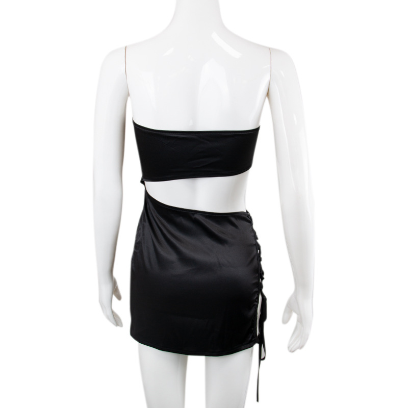 Spring Summer Sexy Drill Chain Decorative Side Slit Lace-up Cutout Women Sheath Dress