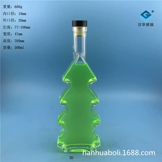 创意DIY500ml扁圣诞树玻璃酒瓶白酒瓶创意果酒分装瓶威士忌洋酒瓶