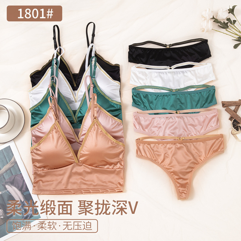 New Soft Light Satin Deep V Gentle Sexy Triangle Cup Adjustable Shoulder Bra suit Women