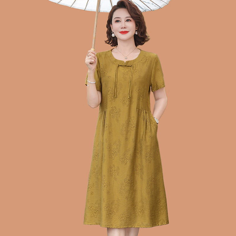 新しい中国式のお母さんの夏服の半袖のワンピースのファッションの大きいサイズの中高年の女性の夏のゆるいカジュアルな洋風のスカート|undefined