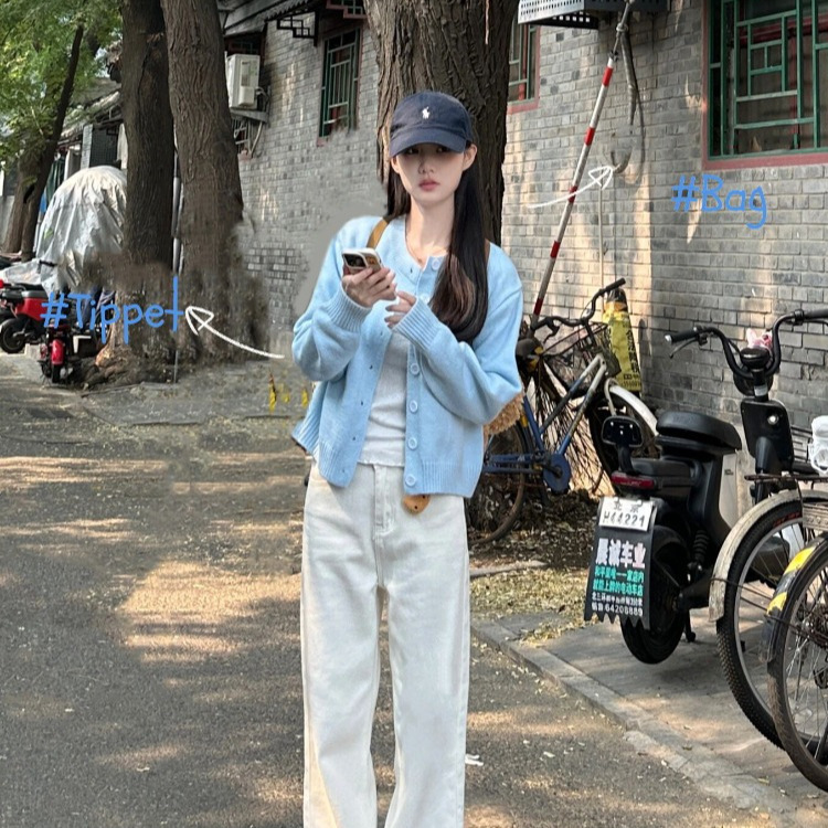 Spring and Autumn Petite Tea-Style Outfit Blue Knitted Cardigan 2024 New Short Crop Top Jacket Long Sleeve