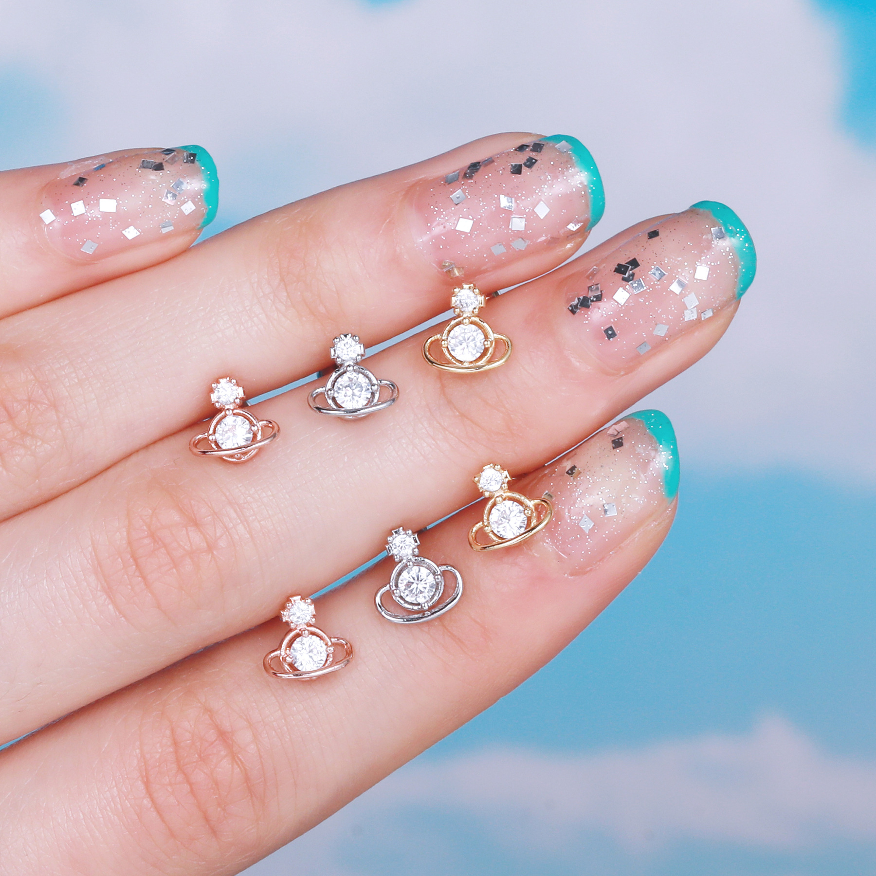 planet stud ball geometric space element copper earrings